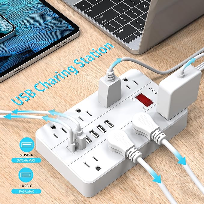 15ft Extension Cord Long Power Strip,AOFO 8 Widely-Spaced Outlets & 6 USB Ports Flat Plug Power Strip,Power Cord for Wall Mountable and Desktop White