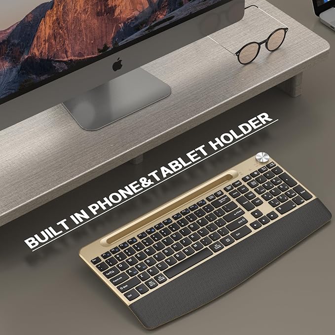 Ergonomic Wireless Keyboard with Wrist Rest-Low-Profile,Phone/Tablet Holder,Quiet Design，Windows & Mac OS，Full Size Cordless USB Computer Keyboard for Desktop,Laptop, PC, Mac, Windows-Gold