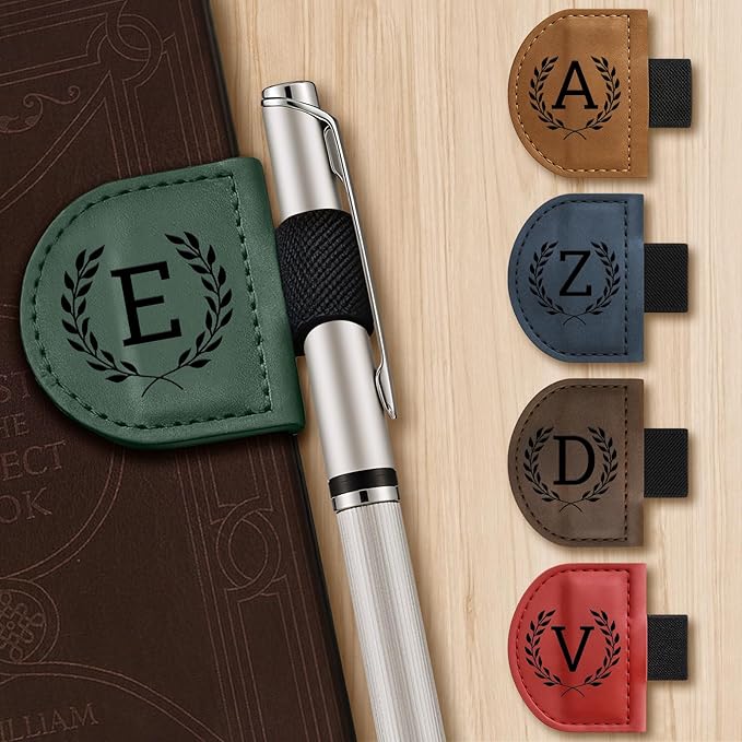 Personalized Bygone Mark Bookmark with Pen Holder,Engraving Leather Magnetic Bookmarks Vintage 26 Letters Name Initials Text Book Marker Clips Gifts for Reading Book Lovers Women (Red, P)