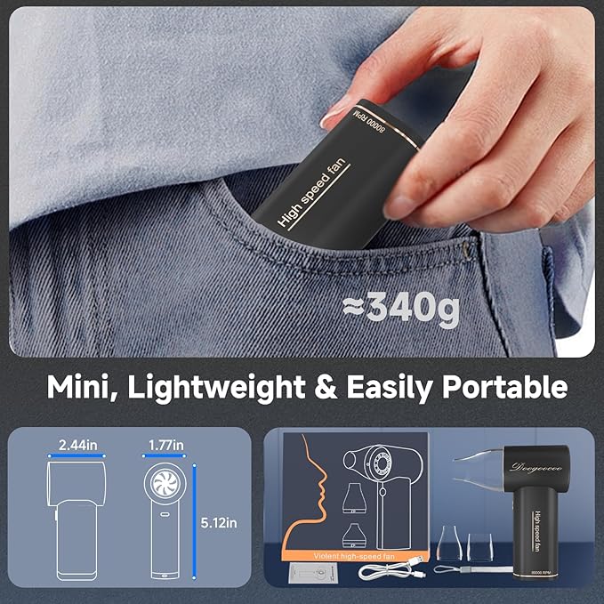 Mini Compressed Air Duster, 5 Gear Adjustable 80000RPM [Small But Powerful] Cordless Electric Air Blower, Fast Charging & Reusable Dust Cleaner for Computer, Keyboard, House & Car (Black)