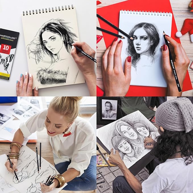 Charcoal Pencils for Drawing, 10 Pieces (S-Soft, Ex-Soft, Soft, Medium, & Hard) Black Charcoal Pencils for Sketching, Shading, Blending