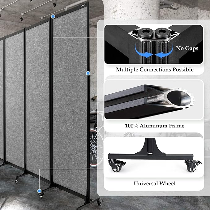 Upgrade Version Room Partition and Divider, Freestanding Rolling Dividers with Wheels,Office Privacy Screen Divider Wall,Classroom Felt Dividers,10'6"L* 6'7"H,5 Panel,Light Grey