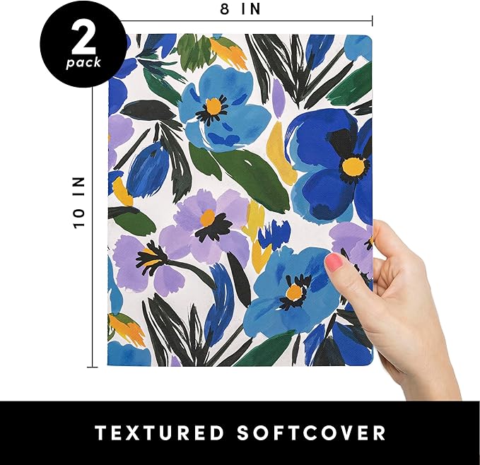 PAPERAGE Soft Cover Lined Journal Notebook, 2 Pack, (Blue Pansies), 100 Pages, Large 7.5 inches x 9.5 inches, College Ruled, Ideal for Note Taking & Travel Journal