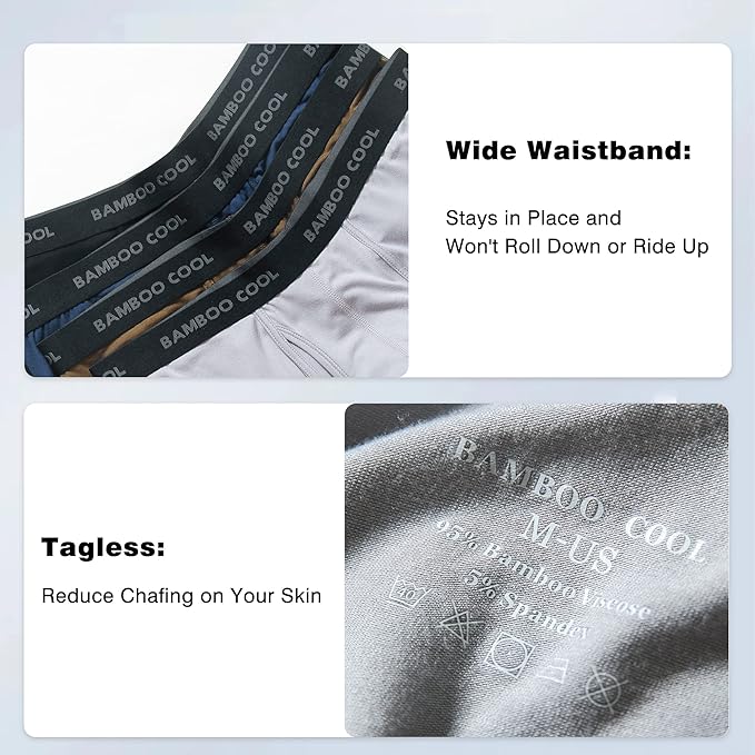 BAMBOO COOL Men's Ultra Breathable Underwear,No Riding Up Boxer Briefs with ComfortFlexible Waistband,Multipack