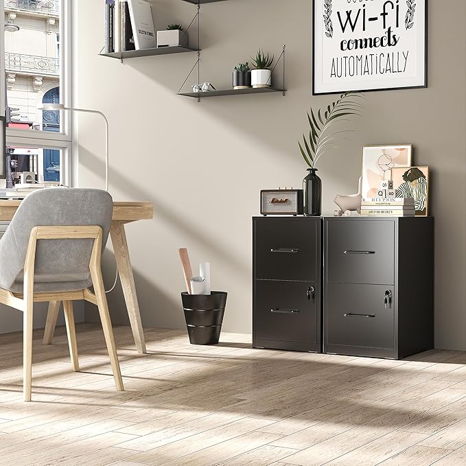 2 Drawer File Cabinet with Lock, Vertical File Cabinet with Lock, Locking File Cabinet Hanging Files for A4/ Legal/Letter,Black