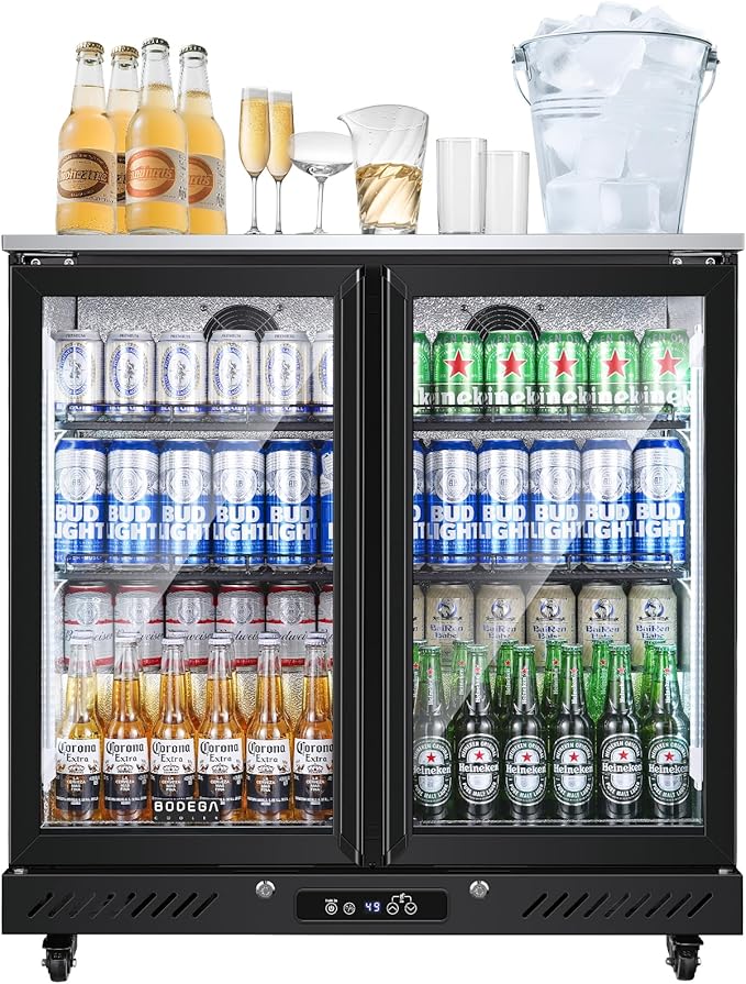 BODEGACOOLER Back Bar Cooler with 2 Glass Doors,7.7Cu.ft Commercial Bar Beverage Refrigerator Under Counter LED Lighting for Soda Drinks,Beer,Wine with Stainless Steel Top,DOE Approved,4 Casters