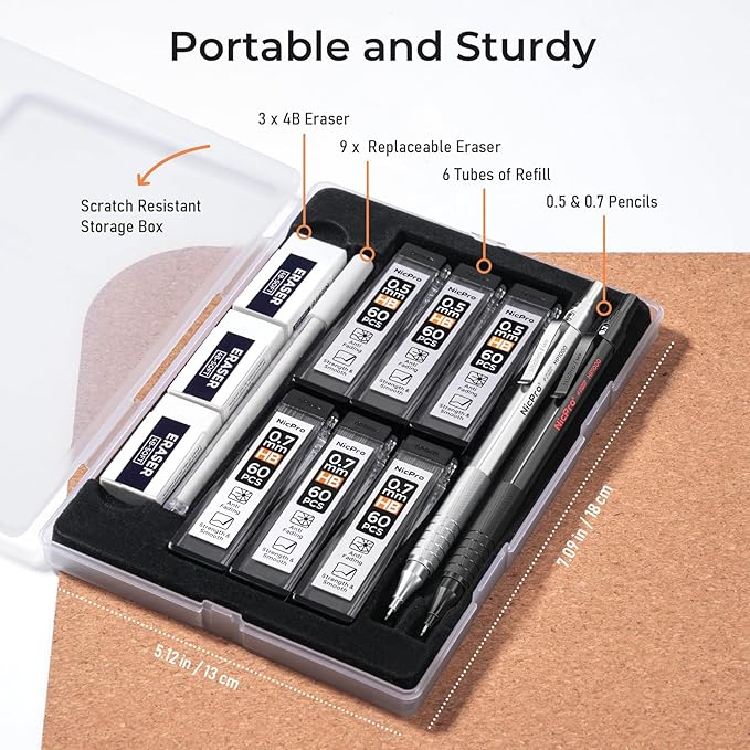 Nicpro 2 PCS Mechanical Pencils 0.5mm & 0.7 mm with Case, MP1000 Metal Artist Pencil Set with 6 Tubes HB Lead Refills, 3 Erasers, 9 Eraser Refills For Art Writing Drafting Drawing, Black & Silver