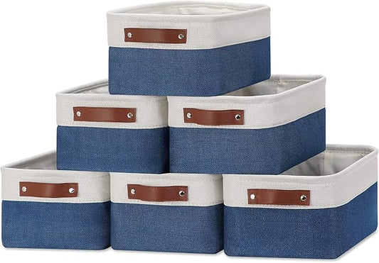 DULLEMELO Set of 6 Small Baskets for Organizing, Small Fabric Storage Bins for Toys Storage, Collapsible Storage Bins with Leather Handles for Shelves, Closets, Laundry, Nursery(White&Blue)