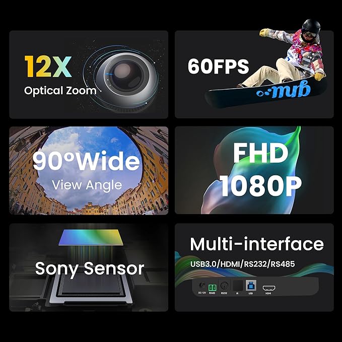 12X Optical Zoom Conference Room Camera USB3.0 HDMI PTZ Camera 1080P 60FPS Wide-Angle for Video Conference Church Live Streaming Meeting Education Works with Zoom Webex OBS YouTube