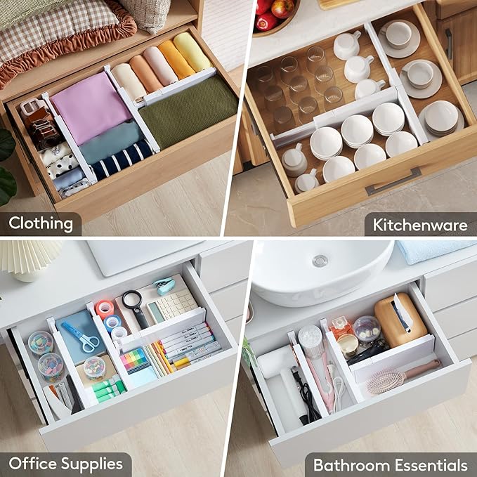 Lifewit 4 Pack Drawer Dividers 4" High,11-17" Adjustable Dresser Drawer Organizers for Clothes, Expandable Dresser Separators in Bedroom/Bathroom/Kitchen/Vanity/Office Organization and Storage, White