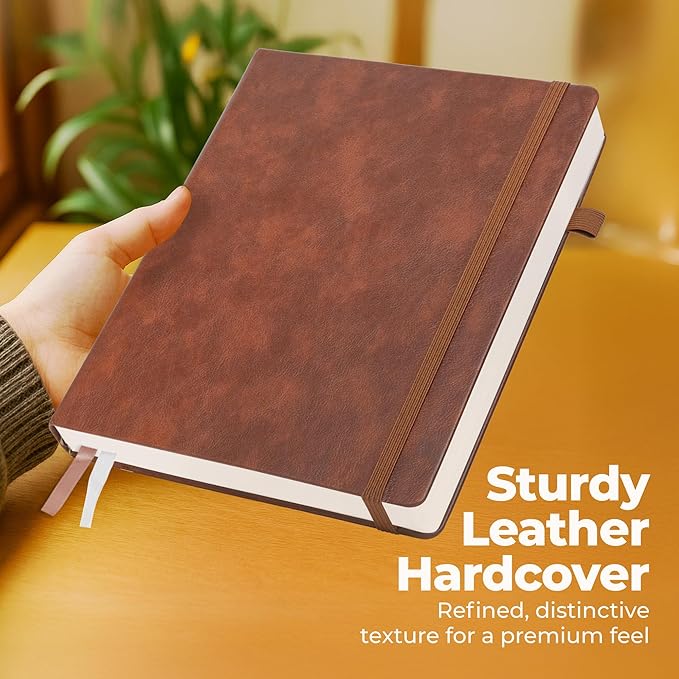 Thick Lined Journal Notebook 8.5x11" with Big A4 Hardcover Leather - Brown - 300 Pages College Ruled Large with Sticky Tabs, Pockets, and Pen Loop for Writing and Journaling - Hardback Men and Women