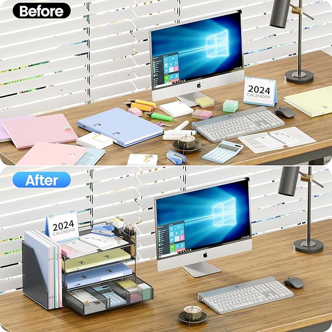 Desk Organizer and Accessories, 4-Tier Desktop File Organizer with Drawer and 2 Pen Holders, Office Desk Accessories for Office Supplies(Black)