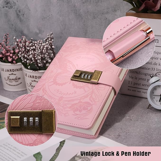TIEFOSSI Diary with Lock for Women Girls, Lined Locked Journal, Butterfly Journal Notebook with Pen and Bookmark, A5 Refillable Locking Journals for Writing, 224 Numbered Pages