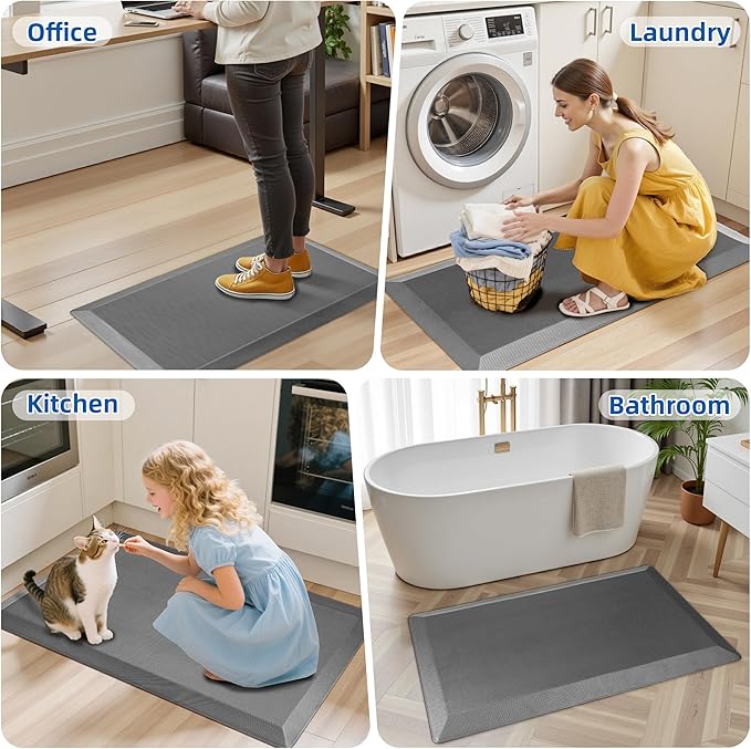 2 PCS Anti Fatigue Kitchen Mats for Floor, Grey 9/10 Extra Thick Cushioned Standing Desk Mat, Comfort Memory Foam Ergonomic Rugs and Mats Non-Slip Waterproof for Office, Kitchen, 20"x32"+20"x32"