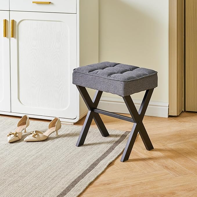 IBUYKE Square Makeup Stool with X-Leg Foot Rest, Linen Footrest, Ottoman Seat, Multi-Use as Small Side Table, for Bedroom, Living Room, Dark Gray LG-70G