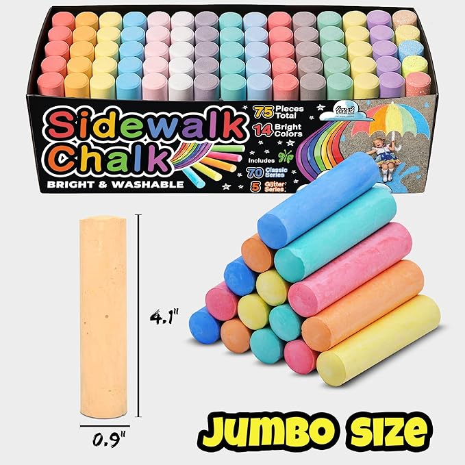 75 PCS Sidewalk Chalk for Kids - 14 Colors, 5 Glitter, Non-Toxic Washable Jumbo Chalks - Bulk Set of Outdoor Paint for Kids and Toddlers - Chalkboard Toys - Big Bucket Chalk for Party