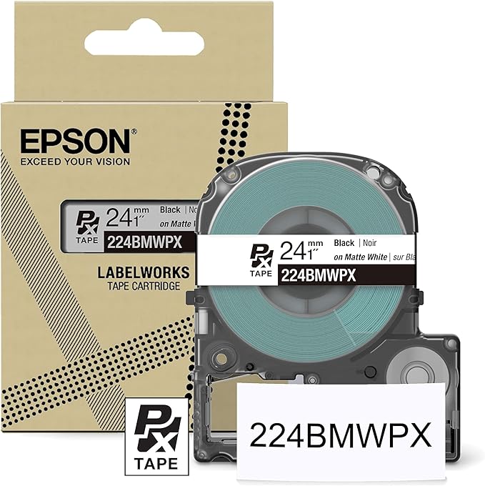 Epson LABELWORKS 224BMWPX Genuine PET (Polyester) Tape Cartridge - Black on Matte White Designer Craft Label Maker Tape - 1" (24MM) Wide, 26'