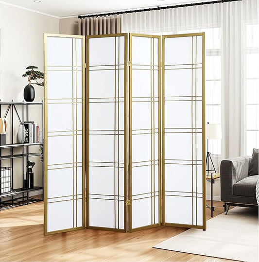 NicBex Room Divider 4 Panel Room Dividers with Paper-Looking Partition Room Dividers and Folding Privacy Screens Wall Divider for Home, Office, Room Separation,72" W x 1" D x 70" H, White+Gold