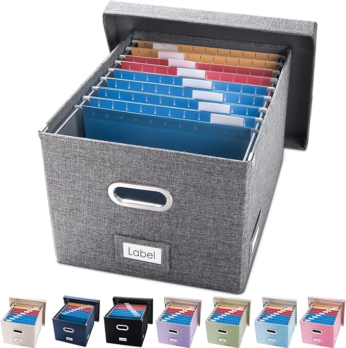 PRANDOM File Organizer Box - Set of 1 Collapsible Decorative Linen Filing Storage Hanging File Folders with Lids Office Cabinet Letter/Legal Size Grey (17x14x11.2 inch)