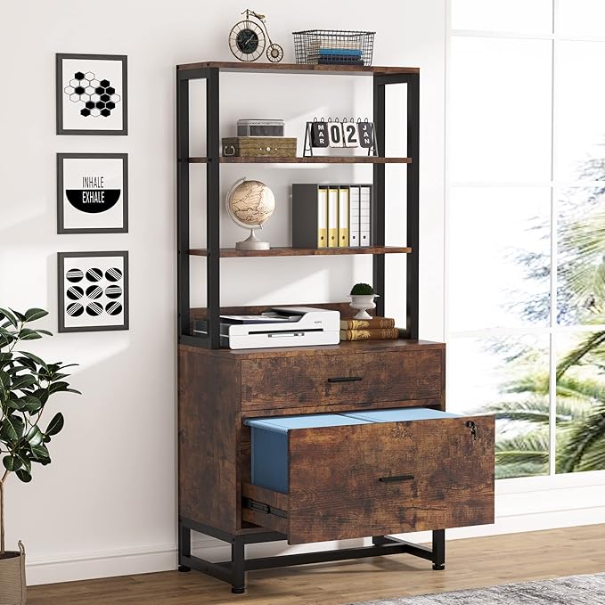 Tribesigns 2 Drawer Vertical File Cabinet with Lock & Bookshelf, Letter Size Large Modern Filing Cabinet Printer Stand with Open Storage Shelves for Home Office, Dark Brown