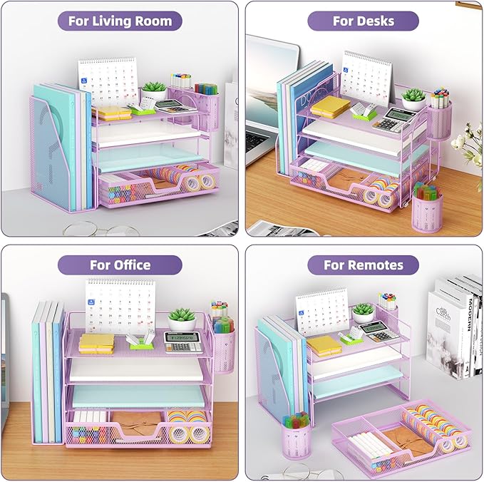 Marbrasse Desk Organizer and Accessories，4-Tier Paper Letter Tray Organizer with File Holder, Workspace Desk Organizers Accessories with Drawer and 2 Pen Holder (Purple, 15.4" x 9.1" x 8.3")