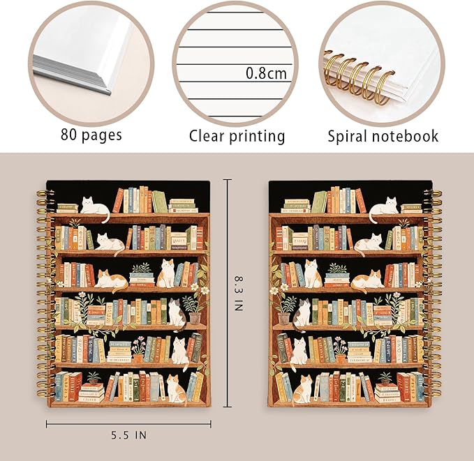 LIANHW Cat Bookshelf Notebook, Books Lover Gifts Notebooks for Note Taking, Reading Journals for Book Lovers, Cute Kitten Bookish Journals for Writing, Book Reader Gifts, 5.5x8.3 Inch