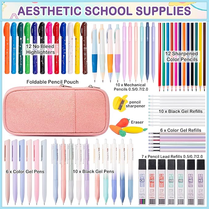 School Supplies Set for Teens Girls - Cute Pink Pencil Case, 10 Mechanical Pencils 0.5 0.7 2.0mm,12 Highlighters, 16 Pens, 452 Lead & Gel Refills Complete College Essentials, Drafting & Writing Kit