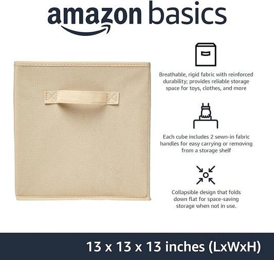 Amazon Basics Collapsible Fabric Storage Cube Bins Organizer with Handles, Sturdy, Beige, 13-x-13-x-13-inch, Pack of 6