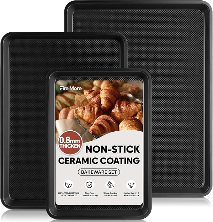 Baking Sheet Pan Set of 3, Thicker Carbon Steel Cookie Sheets for Baking Non Stick with Diamond Texture Pattern, Ceramic Half/Quarter/Jelly Roll Baking Trays for Oven