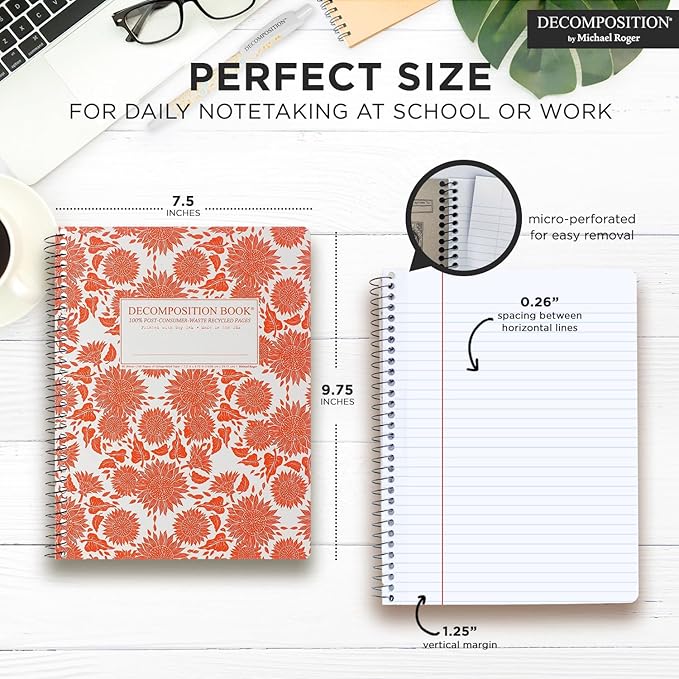 Decomposition 3-Pack Sunny Blossoms College Ruled Spiral Notebook - 9.75 x 7.5 Journal, 160 Lined Pages - 100% Recycled Paper - Notebooks for School Supplies, Home & Office - Made in USA