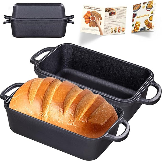 Cast Iron Bread Loaf Pan with Lid to Piece Set, Even Heat Distribution for Sourdough and Homemade Bread, Pre-Seasoned Heavy Duty Dutch Oven Bread Pan For a Crispy Crust (9x5 Inch)
