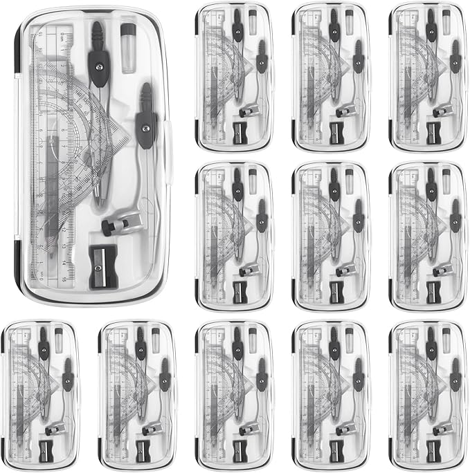 Teling 12 Sets Math Geometry Kit for Students 10 Pcs Compass Geometry Tools Set Includes Rulers Protractor Compass Eraser Pencil Sharpener Lead Refills Pencil (Black)