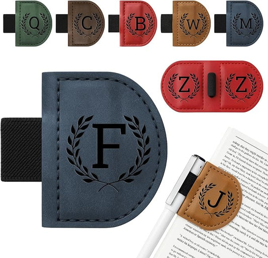 Personalized Bygone Mark Bookmark with Pen Holder,Engraving Leather Magnetic Bookmarks Vintage 26 Letters Name Initials Text Book Marker Clips Gifts for Reading Book Lovers Women (Blue, F)