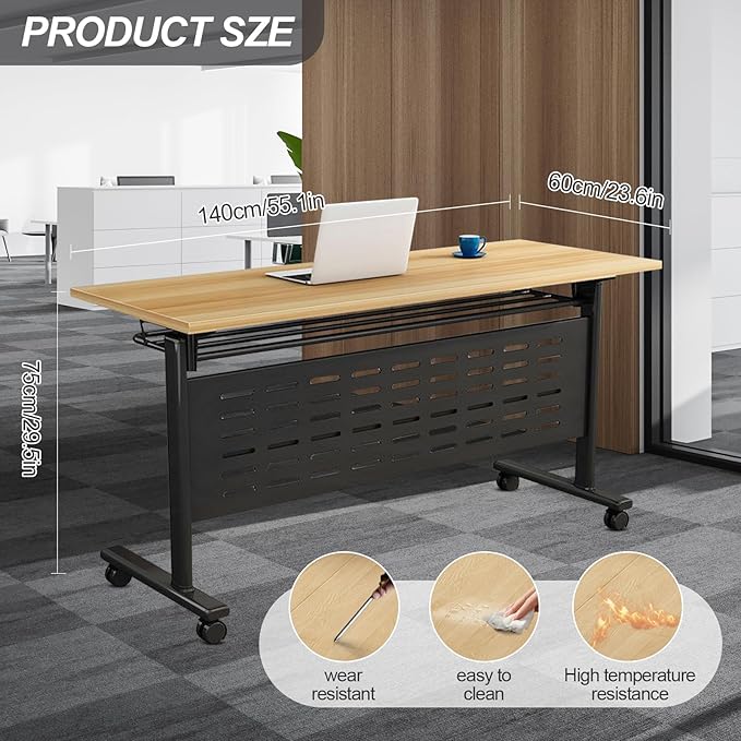Foldable Conference Table, Folding Conference Room Table with Wheels, Flip Top Mobile Training Table, Rolling Seminar Meeting Tables for Office Training Room Classroom (4pack 55.1in)
