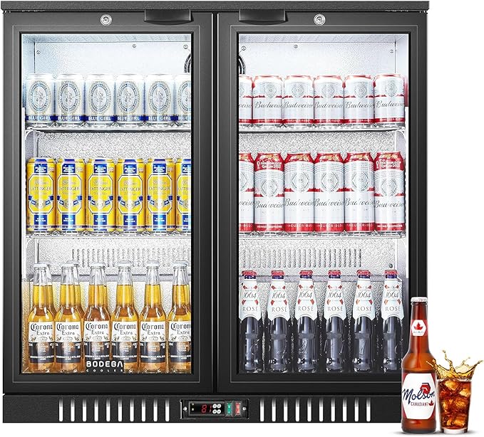 BODEGACOOLER Back Bar Cooler With 2 Glass Doors,Commercial Bar Cooler Under Counter7.4Cu.Ft,Back Bar Fridge, Beverage Bar Refrigerator with LED Lighting for Display Beverage,for Beer,Soda Drinks,Wine