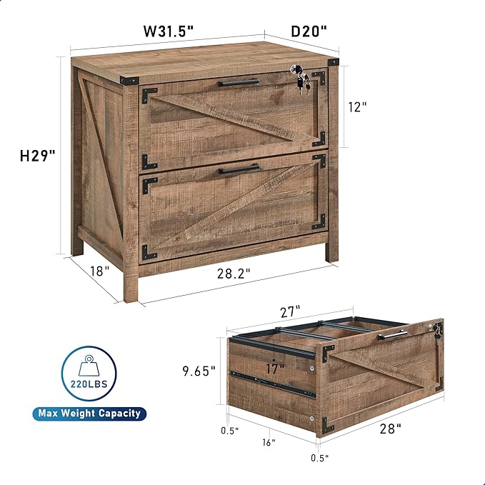 JXQTLINGMU 2 Drawer Farmhouse File Cabinet, Lateral Filing Cabinet with Lock for Home Office, Compatible Legal Letter A4 F4 Size, Warm Brown