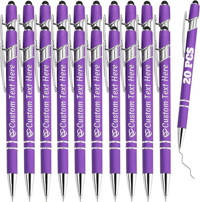 Personalized Pens Bulk 20 with Name Custom Engraving Ballpoint Pens with Stylus Tip Customized Smooth Writing Pens Personalized Gifts for Anniversary Birthday or Graduation(Purlpe,Black Ink)