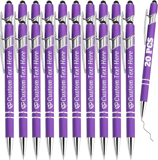 Personalized Pens Bulk 20 with Name Custom Engraving Ballpoint Pens with Stylus Tip Customized Smooth Writing Pens Personalized Gifts for Anniversary Birthday or Graduation(Purlpe,Black Ink)