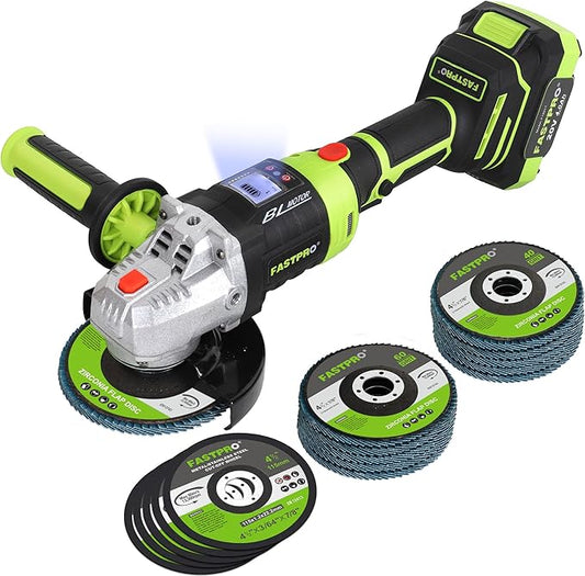 FASTPRO 20V Cordless Angle Grinder, 4-1/2 inch Cut-off Tool with Brushless Motor and 4.0 Ah Battery, Including 10PCS Flap Disc & 5PCS Cutting Wheels