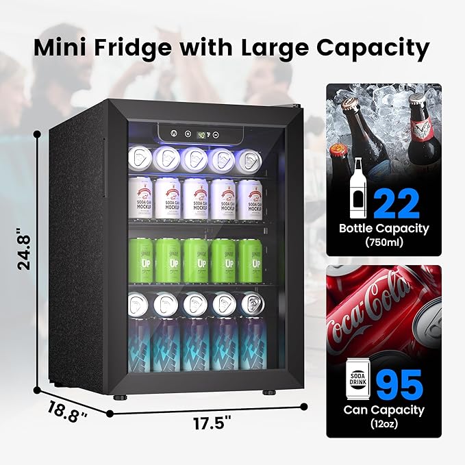 Wine Cooler, 26 Bottle 95 Can Mini Wine Fridge with Clear Glass Door for Beer Soda Water Drink, Small Wine Cellar Beverage Refrigerator for Bedroom Office Home Bar Dorm, 2.6 Cu.Ft