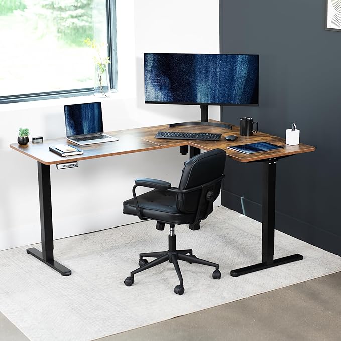 VIVO Electric Corner L-Shaped 63 x 47 in Rustic Standing Desk, Memory Height Adjustment, Vintage Brown Top Black Frame, DESK-E3CTN-47