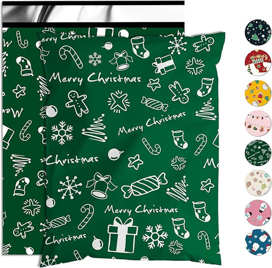 Christmas Poly Mailer - 6x9 Inch, 100 Pcs Waterproof Tear-Resistant Mailer Bags with Self-Seal - Green Merry Christmas
