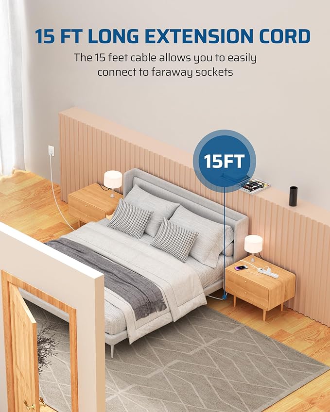 DEWENWILS 6-Outlet Power Strip Surge Protector, 15FT Long Extension Cord, Low Profile Flat Plug, 15 Amp Circuit Breaker, 500 Joules, Wall Mount, White, UL Listed