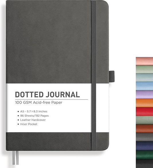 RETTACY Bullet Dotted Journal Notebook, 192 Pages, A5 Medium Size (5.7'' x 8.3''), Leather Hardcover, 100 GSM Thick Paper, for Bullet Journaling, Planning, Tracking (Gray)