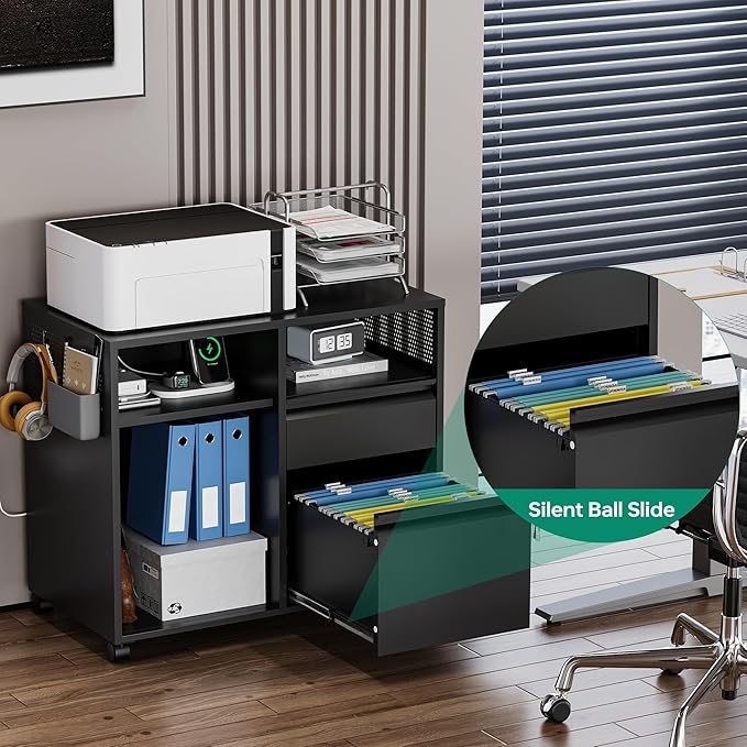 Letaya Mobile File Cabinet, Metal Lateral Rolling Printer Stand Filing Cabinets with Shelves for Home Office-Storage A4/F4/Letter (Black)