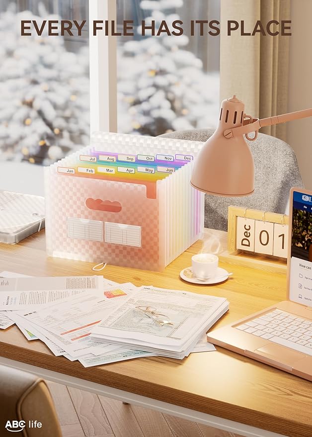 ABC life 12 Pockets Accordion File Organizer Expanding File Folders, Portable Monthly Bill Receipt Document Organizer, Expandable Accordian Filing Folder Letter A4 Size, Colored Tabs (Pink)