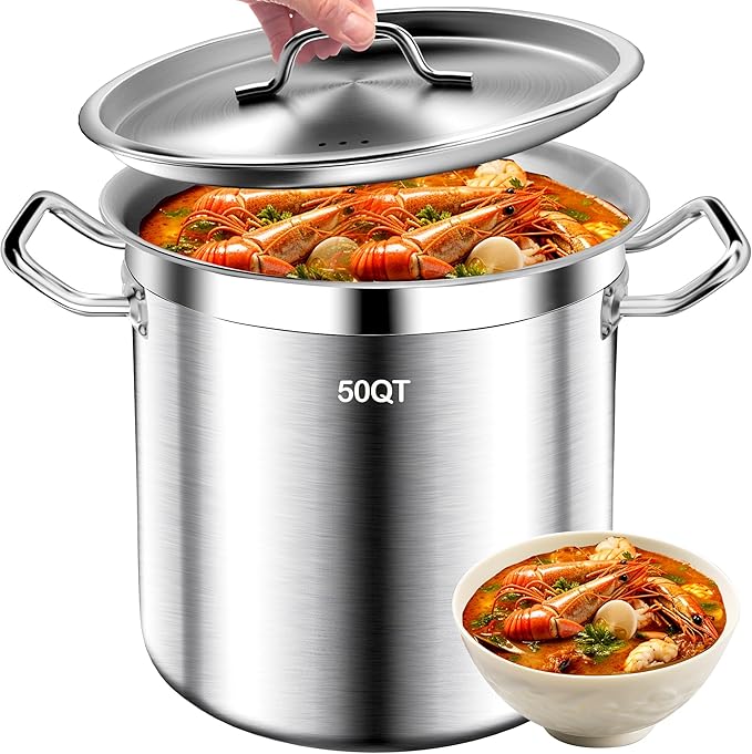 Stock Pot - 50QT Large Soup Pot with Lid - Heavy Duty Induction Tri-Ply Bottom Commercial Grade Stockpot for Boiling Cooking Soup Stew Pasta Cooking Pots, Deep Cookware