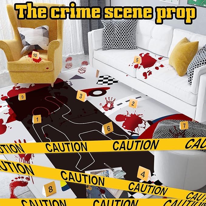 TICIAGA 29pcs Crime Scene Decors Kits, Body Silhouette Crime Scene Tape Evidence Markers and Bloody Sticker and Photo-Booth Props with Height Chart Backdrop Poster, Home for Crime Scene Party Decors