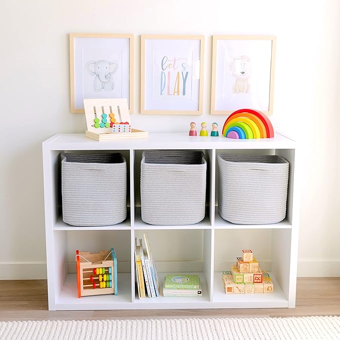 NaturalCozy Storage Cubes 11 Inch Cotton Rope Woven Baskets for Organizing, 3-Pack | Cube Storage Bin | Square Storage Baskets for Shelves Organizer, Classroom, Kids Toy Bins, Closet, Baby Nursery