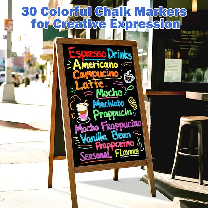 BainGesk 30 Colors Liquid Chalk Markers, Dust-Free Erasable Pens for Blackboards, Chalk Markers for Chalkboard, Windows, Glass, Mirror, Acrylic Dry Erase Board, 6mm Reversible Bullet & Chisel Tip